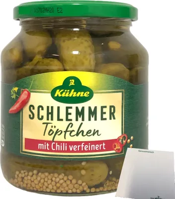 Produktbild von Kühne Schlemmertöpfchen mit Chili verfeinert pikante Cornichons 1er Pack (1x300g Glas) + usy Block