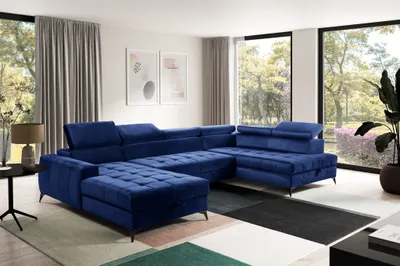Productafbeelding van Zitmeubel met slaapbank, model AGNESA, bekleding: stof Salvador, donkerblauw, met een ottoman aan de linkerkant
