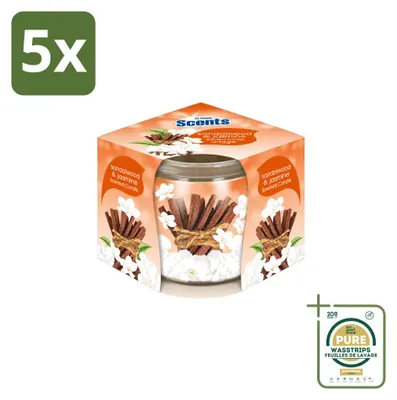 Image de 5 bougies parfumées "At Home Scents", senteur bois de santal et jasmin, 70 g - Pack économique - 5 pièces