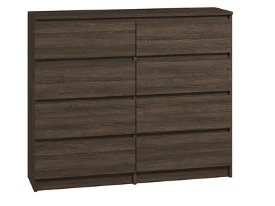 A dark brown, eight-drawer dresser against a white background.