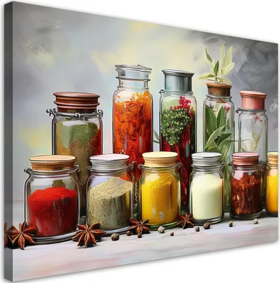 Produktbild von Leinwandbild Bunte Gewürze Kräuter in Gläsern 120x80 Feeby Bunt bild für die wand bereit zum aufhängen
