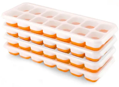 Obrázek produktu pro Silikonová forma na ledové kostky se víkem, balení 4 kusů, úsporná, stohovatelná, bez BPA, čtvercová, oranžová