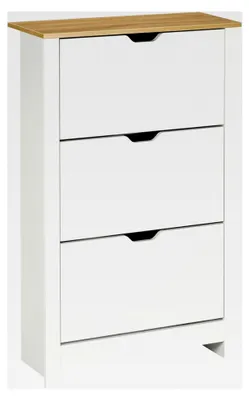 Produktbild von Schuhschrank mit 3 Klappen, Schuhregal, schmaler Schuhkipper mit verstellbarer Trennwand, Schuhkommode für 18 Paar Schuhe 72 x 26 x 112 cm, Weiß+Natur