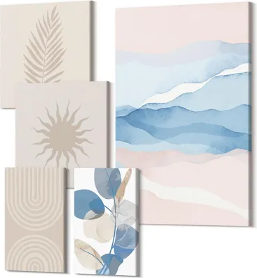 Produktbild von Wandbilder Leinwand 5-teilig – – Polycanvas Kunstdruck – Moderne Bilder für Wohnzimmer & Schlafzimmer – Aufhängefertig – 2x 30x30 cm + 2x 20x30 cm + 1x 40x60 cm – Abstrakte Kompositionen mit Pflanzenmotiven und Wellen