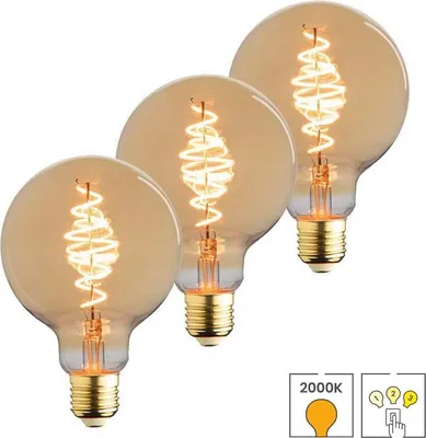 Produktbild von 3-er Set LED-Lampen E27 | 3-stufig dimmbar | 3,5 Watt | 2000K extra warmweiß | Kugel 95 mm | Bernstein | Spiralglühfaden | Lybardo