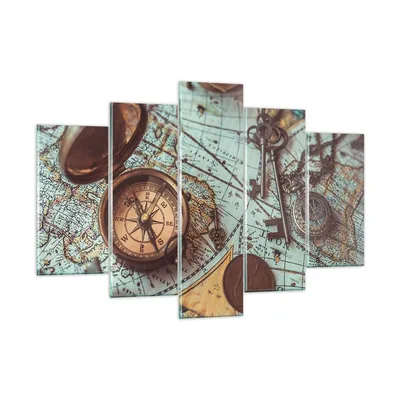 Produktbild von Bilder auf glas - 5 Teile - Kompass Vintage Karte - 150x100cm - Glasbilder - Wandbilder - Bilder - zum Aufhängen bereit - Wanddekoration aus Glas - Glas Bilder - Wandbild auf Glas - GEA150x100-4302