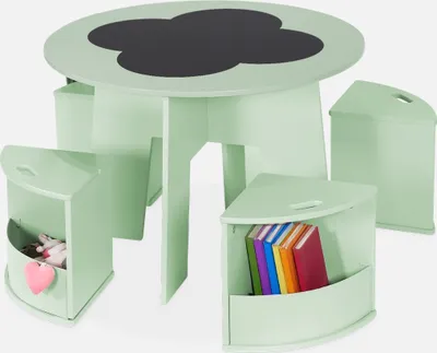 Immagine prodotto di Set tavolo con ardesia e 4 sedie contenitore per bambini, Verde