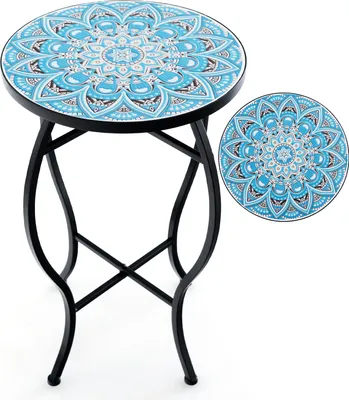 Produktbild von COSTWAY Beistelltisch ∅30x50cm, Mosaiktisch Rund, Gartentisch Bistrotisch, aus Metall, Keramik, Blau