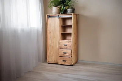 Produktbild von Refurbished Möbelretoure Kleiderschrank 100x45x175 cm Baumkante Akazienholz massiv natur gusseiserne Elemente LIAN I