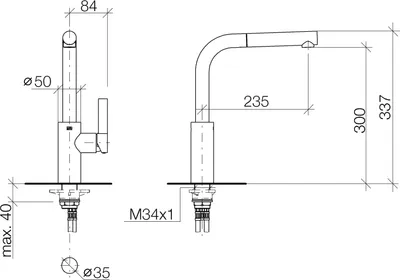 Technical drawing of a faucet with dimensions.