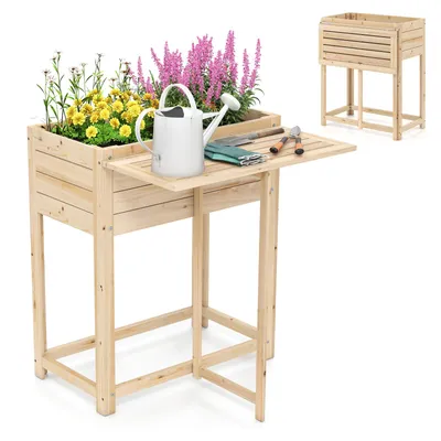 Produktbild von COSTWAY Hochbeet, Blumenkasten Holz mit klappbarer Tischplatte&Abflusslöchern, erhöhter Pflanzkasten für Obst, Gartenbeet Tannenholz 63x67x74 cm Natur