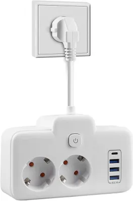 Image de Multiprise murale à double prise avec 3 ports USB et 1 port Type-C - Sécurité enfants, interrupteur