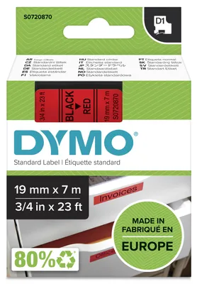 Image de Dymo D1 Ruban 19 mm x 7 m noir sur rouge