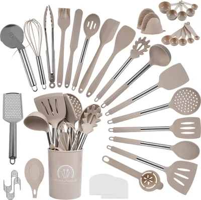 Produktbild von 45 Stück Küchenhelfer Set, Silikon Küchenutensilien, Antihaft und Hitzebeständig Kochbesteck Set mit Halter, Spülmaschinen geeignet Kochset - Khaki