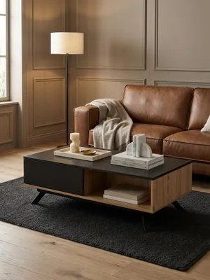 Produktbild von Couchtisch 110x60x38 cm MDF Eiche-Nachbildung / Schwarz Wohnzimmertisch, Sofatisch Rechteckig mit Stauraum, Kaffeetisch mit Schubladen, Tisch Wohnzimmer mit Metallbeine