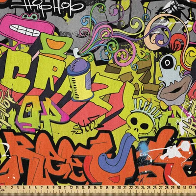 Produktbild von ABAKUHAUS Graffiti Microfaser Stoff als Meterware , Hip-Hop Funky Grunge Kultur Schädel Underground Illustration, 5 M (230 x 500 cm), Mehrfarbig