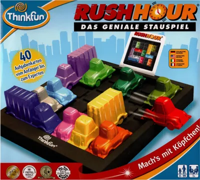 The image shows the Rush Hour board game with its pieces arranged on the game board, presented as a product advertisement.