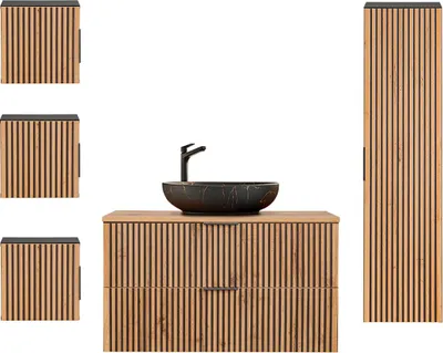 Produktbild von Waschtisch und Hängesäule 100.6cm Gaia mit 2 Schubladen, Eichenoptik und Schwarz