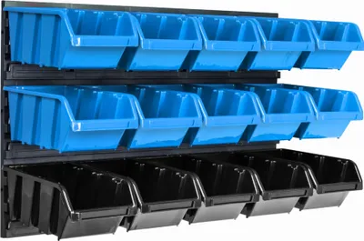 Produktbild von Lagersystem Wandregal 576 x 390 mm | 15 stck. Box | Stapelboxen Schüttenregal Sichtlagerkästen | Extra Starke Wandplatten | Regal Erweiterbar | Werkstattregal Lagerregal Werkstattwandregal Steckregal