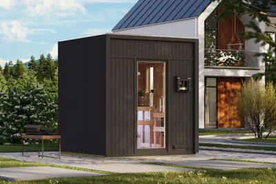 Image de Karibu Saunahaus : Sauna extérieure, sauna de jardin, modèle Avenal, finition noire, sans accessoires, éléments de 73 mm, dimensions : 220 x 217 x 244 cm