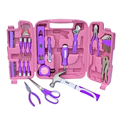 A pink tool kit with various purple tools laid out.