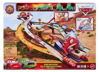 Produktbild von Disney Pixar Cars Radiator Springs Rennen & Retten Rettungsweg-Rennstrecke Spielset mit 4 Spielzeugautos, Fahrzeug- & Schienen-Set, 4 Jahr(e), Kunststoff, Metall, Mehrfarbig