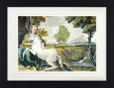 Zdjęcie produktu dla Domenichino Oprawiony obraz z eleganckim passe-partout | Sztuka ścienna | W ramie obrazu - Dziewica z jednorożcem, 1602 (30 x 40 cm)