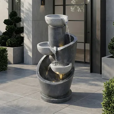 Produktbild von Gartenbrunnen mit LED-Beleuchtung und Wasserpumpe Zimmerbrunnen Springbrunnen Kunststein-Außenverkleidung Wasserspiel für Garten und Terrasse Grau