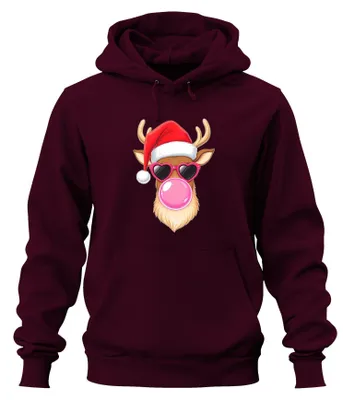 Produktbild von Weihnachtsrentier mit Kaugummi Herzbrille Weihnachtsmütze Hoodie Kapuzenpullover, Burgundy, L