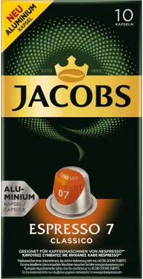 A box of Jacobs Espresso 7 Classico coffee capsules.