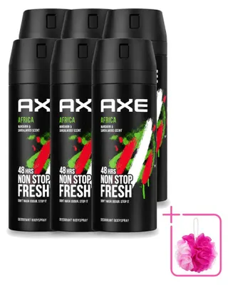 Productafbeelding van 6 x Axe Africa Deodorant Bodyspray - Mandarijn & Sandelhout - 150 ml - Voordeelverpakking - 6 stuks