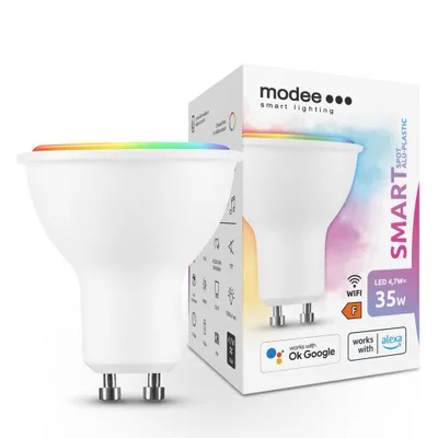 A smart LED light bulb and its packaging are shown.