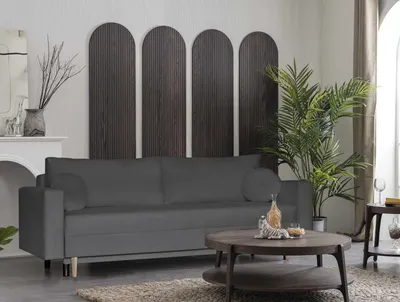 Produktbild von Dreisitzer Sofa ALVARO im Skandinavisches Stil mit Schlaffunktion, Velours, Holzbeine, Wellenfedern (Stoff: trinity 15 - dunkelgrau)