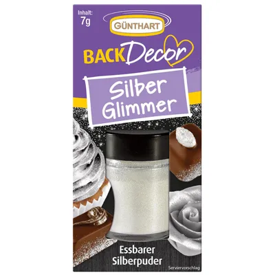 A product package for silver edible glitter powder, with images of decorated desserts.