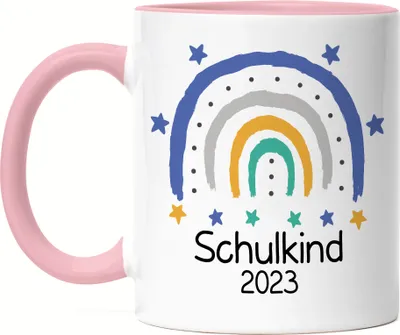 Produktbild von Schulkind 2023 Tasse Rosa Einschulungsgeschenk Grundschule 1. Klasse Schulstart Regenbogen Motiv