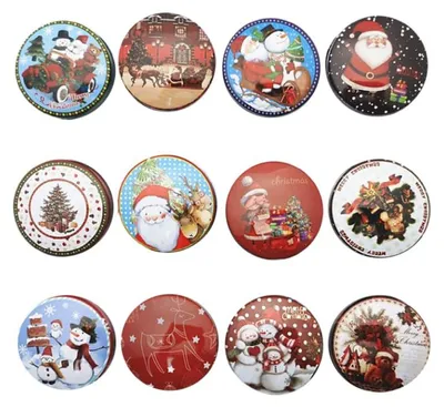 12 runde Weihnachtsdosen aus Blech, mehrfarbig, 4,8 x 4,8 x 2,5 cm