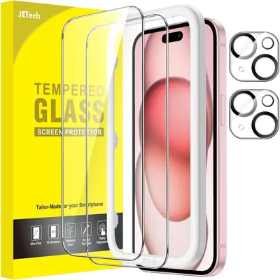 Immagine prodotto di Pellicola protettiva per iPhone 15 da 6,1 pollici con protezione per la fotocamera, 2 pezzi, trasparente HD, in vetro temperato