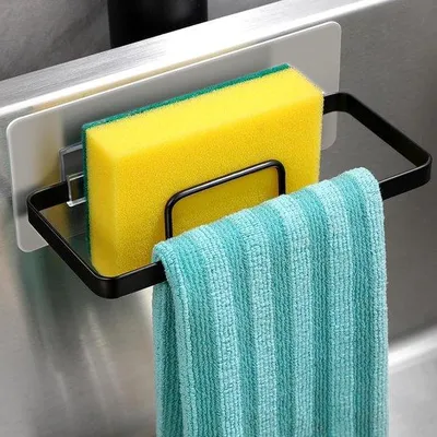 Produktbild von Zwei-in-eins-Küchenabfluss-Organizer, selbstklebend, Küchen-Spülbecken-Organizer, Spülbecken-Organizer für Schwamm, Borsten, Abflussstopper und Schwamm, Schwarz