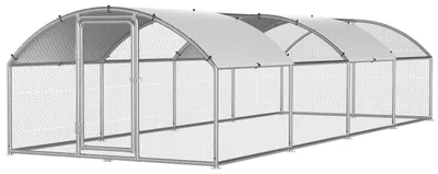 Image de Poulailler d'extérieur Ikodm, dimensions 3 x 8 x 2 mètres, surface de 24 m², toit en arc, structure en acier galvanisé de 25 mm, grillage métallique vert et bâche en PE blanc avec protection UV, idéal pour les volailles