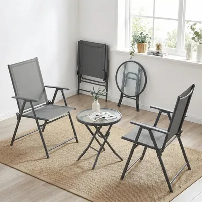 Produktbild von Gartenmöbel Set 3-teilig - Balkonset - 2 Stühle + Glastisch - 7-fach Verstellbar - Hohe Rückenlehne - Eisenrahmen - Grau