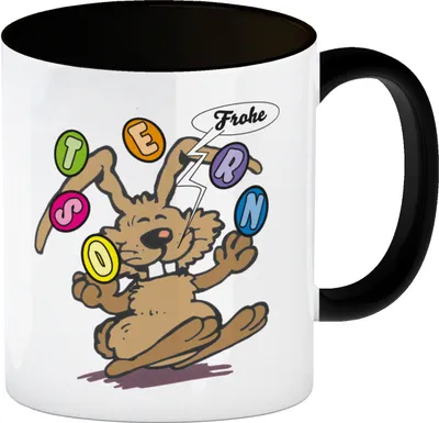 Produktbild von Frohe Ostern! Osterhase jongliert mit Ostereiern Kaffeebecher in weiß mit