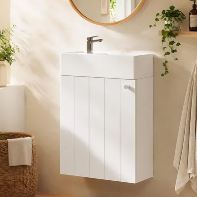 Obrázek produktu pro Nástěnná umyvadlová skříňka s dvířky a mechanismem pro jemné zavírání, umyvadlo, dřevěná skříňka 41x23x62,5 cm, bílá barva