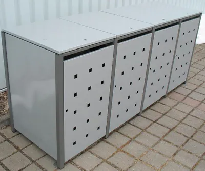Produktbild von Mülltonnenverkleidung aus feuerverzinktem Stahlblech, BxTxH 1960x830x1160 mm m. Klappdach, für 3 Tonnen, Stanzung 3/5, Farbe DB703/RAL9006