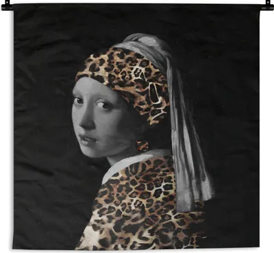 Produktbild von MuchoWow® Wandteppich Wandbehang Das Mädchen mit dem Perlenohrring - Pantherdruck - Johannes Vermeer 90x90 cm Tapisserie Dekoration Wandtuch - Wandaufhänger