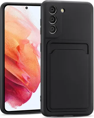 A black phone case with a card slot is shown next to a smartphone.