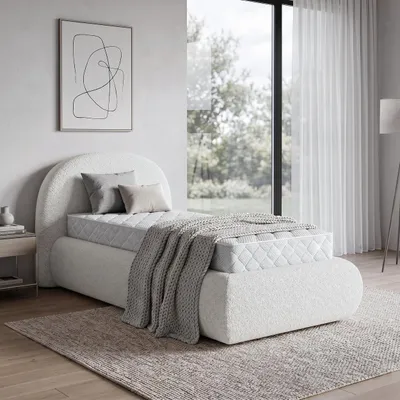 Produktbild von BEAUTYSOFA | Polsterbett MOTTI 90x200 cm - Einzelbett mit Bettkasten & Matratze MEDIRO FORM H2 und gepolstertem Kopfteil - Bouclé Creme