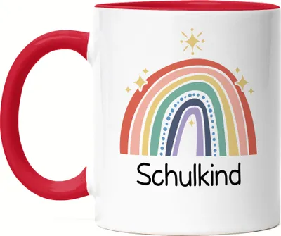 Produktbild von Schulkind Tasse Rot  Einschulungsgeschenk Grundschule 1. Klasse Schulstart Sterne Regenbogen