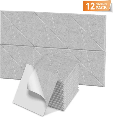 Obrázok produktu pre QEENTOE Akustické panely, sada 12 kusov, rozmer 30x30x0,9 cm, samolepiace filcové nástenné panely v tvare V, vhodné do kancelárií, štúdií a interiérov, svetlosivé