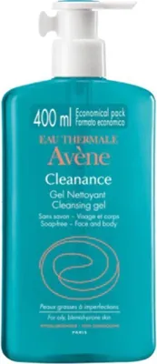 A teal colored bottle of Avène Cleanance Cleansing Gel with a white pump dispenser.