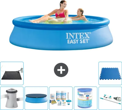 Produktbild von Intex runder aufblasbarer Easy Set-Schwimmpool – 244 x 61 cm – Blau – inklusive Pumpe Abdeckung - Wartungspaket - Filter - Staubsauger - Solarmatte - Bodenfliesen